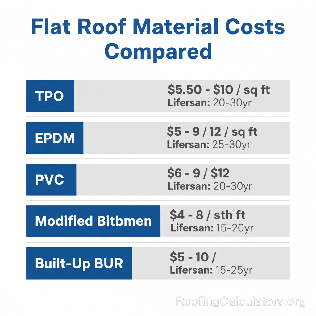 Comparison chart of flat roof material costs including TPO at $5.50-$10, EPDM at $5-$9, PVC at $6-$12, modified bitumen at $4-$8, and built-up roofing at $5-$10 per square foot with lifespan data