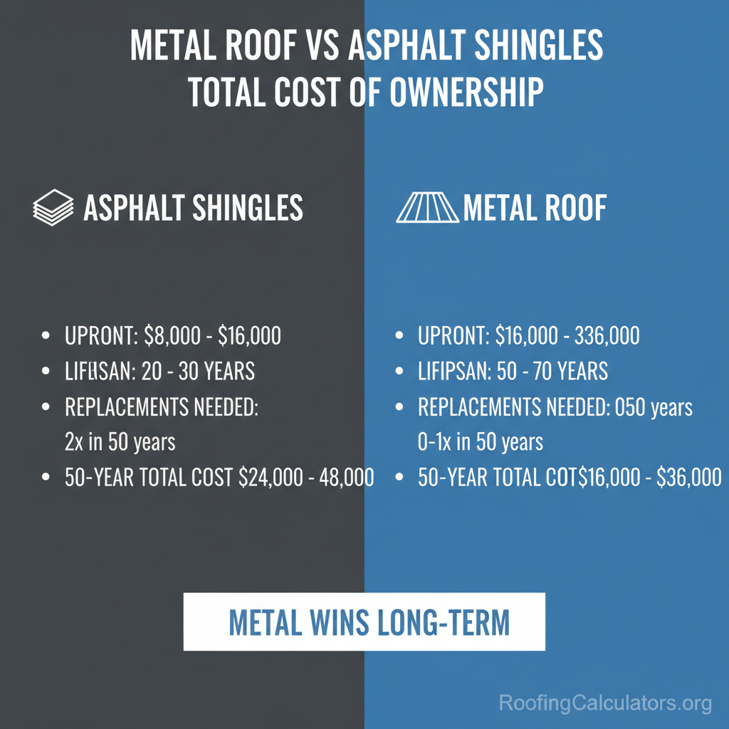 Side-by-side comparison of metal roof vs asphalt shingles total cost of ownership over 50 years, showing metal wins long-term despite higher upfront cost