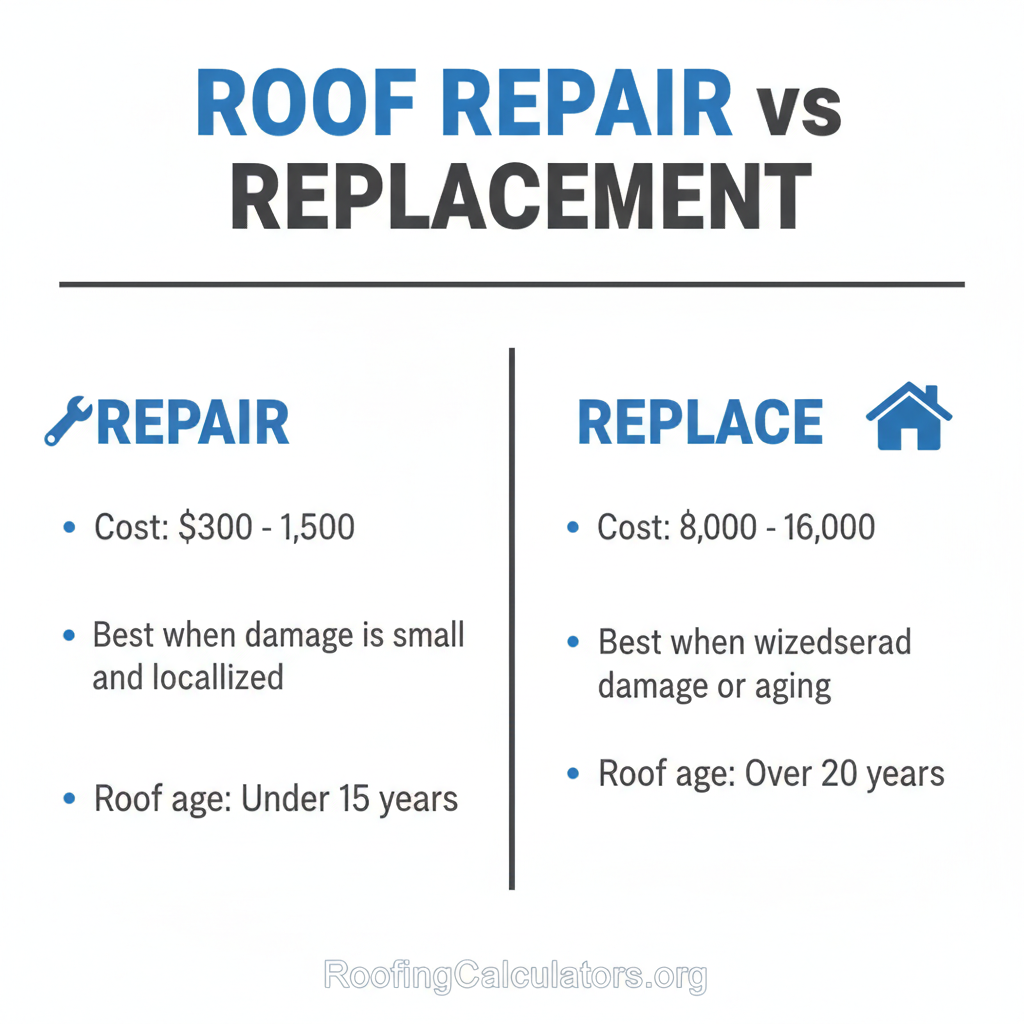 Comparison infographic showing when to repair vs replace a roof, with repair costing $300-$1,500 for roofs under 15 years and replacement costing $8,000-$16,000 for roofs over 20 years