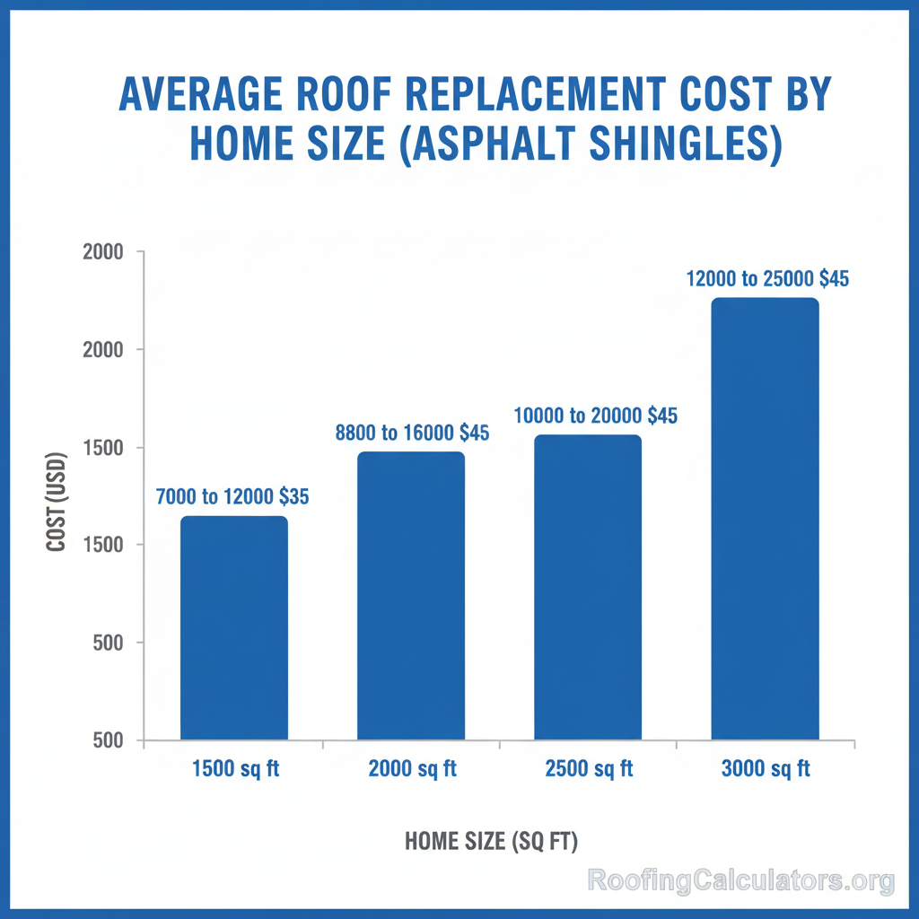 Bar chart showing average roof replacement cost by home size with asphalt shingles, from $7,000–$12,000 for 1,500 sq ft to $12,000–$25,000 for 3,000 sq ft homes