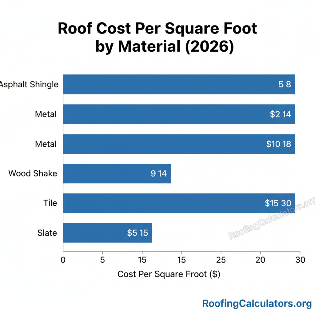 Bar chart comparing roof replacement cost per square foot by material type in 2026, showing asphalt shingles at $5-$8, metal at $8-$14, wood shake at $9-$14, tile at $10-$18, and slate at $15-$30