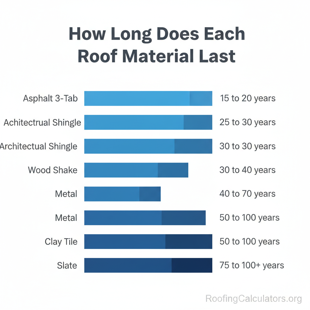 Timeline chart comparing roof material lifespans from asphalt 3-tab at 15-20 years to slate at 75-100+ years