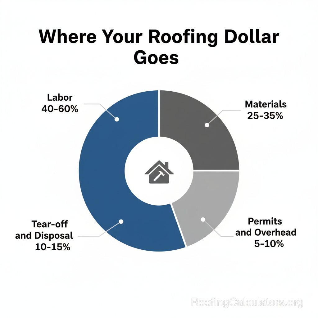Pie chart showing roofing cost breakdown: labor 40-60%, materials 25-35%, tear-off and disposal 10-15%, permits and overhead 5-10%